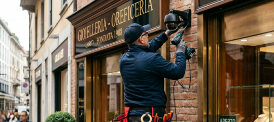 Tecnico installa impianto videosorveglianza esterno gioielleria su strada urbana
