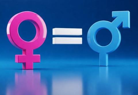 Bando certificazione parità di genere simbolo simbolo donna fuxia, simbolo uguaglianza bianco, simbolo uomo blu su sfondo sfumato blu