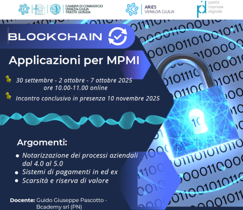 Invito locandina BLOCKCHAIN Logo lucchetto con scritte su sfondo blu