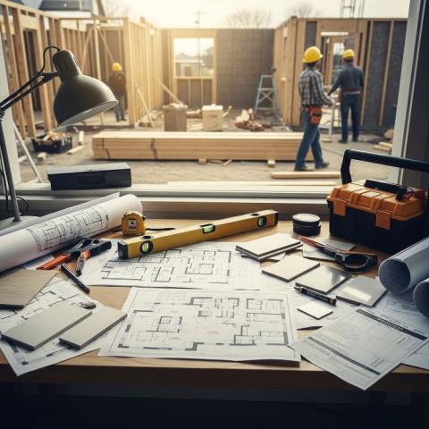 Leggi Regionali in materia di edilizia scrivania con documenti e attrezzi da lavoro per la ristrutturazione di una casa, antiere edile sullo sfondo