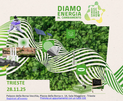 Locandina transizione energetica con alberi sullo sfondo