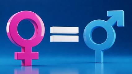 Bando certificazione parità di genere simbolo simbolo donna fuxia, simbolo uguaglianza bianco, simbolo uomo blu su sfondo sfumato blu