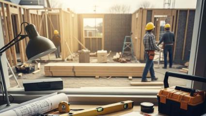 Leggi Regionali in materia di edilizia scrivania con documenti e attrezzi da lavoro per la ristrutturazione di una casa, antiere edile sullo sfondo