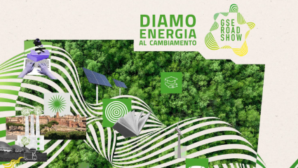 Locandina transizione energetica con alberi sullo sfondo