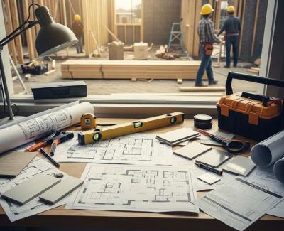 scrivania con documenti e attrezzi da lavoro per la ristrutturazione di una casa, antiere edile sullo sfondo